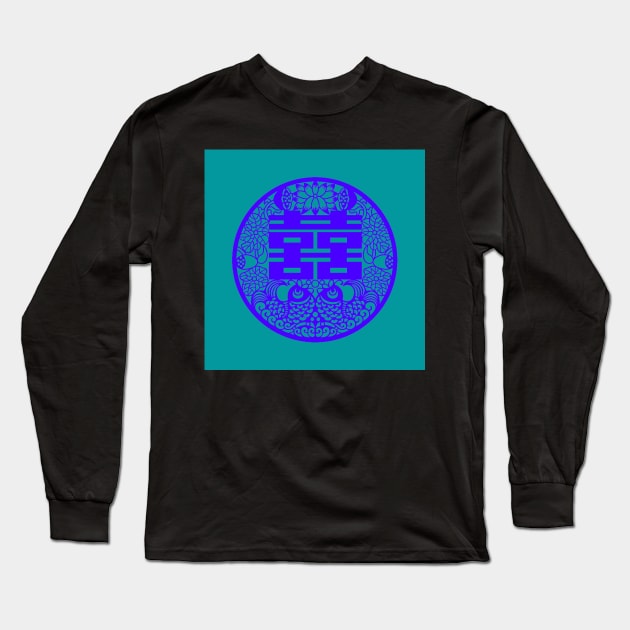 Double Happiness Bright Turquoise with Deep Blue Symbol - Happy Hong Kong Long Sleeve T-Shirt by CRAFTY BITCH